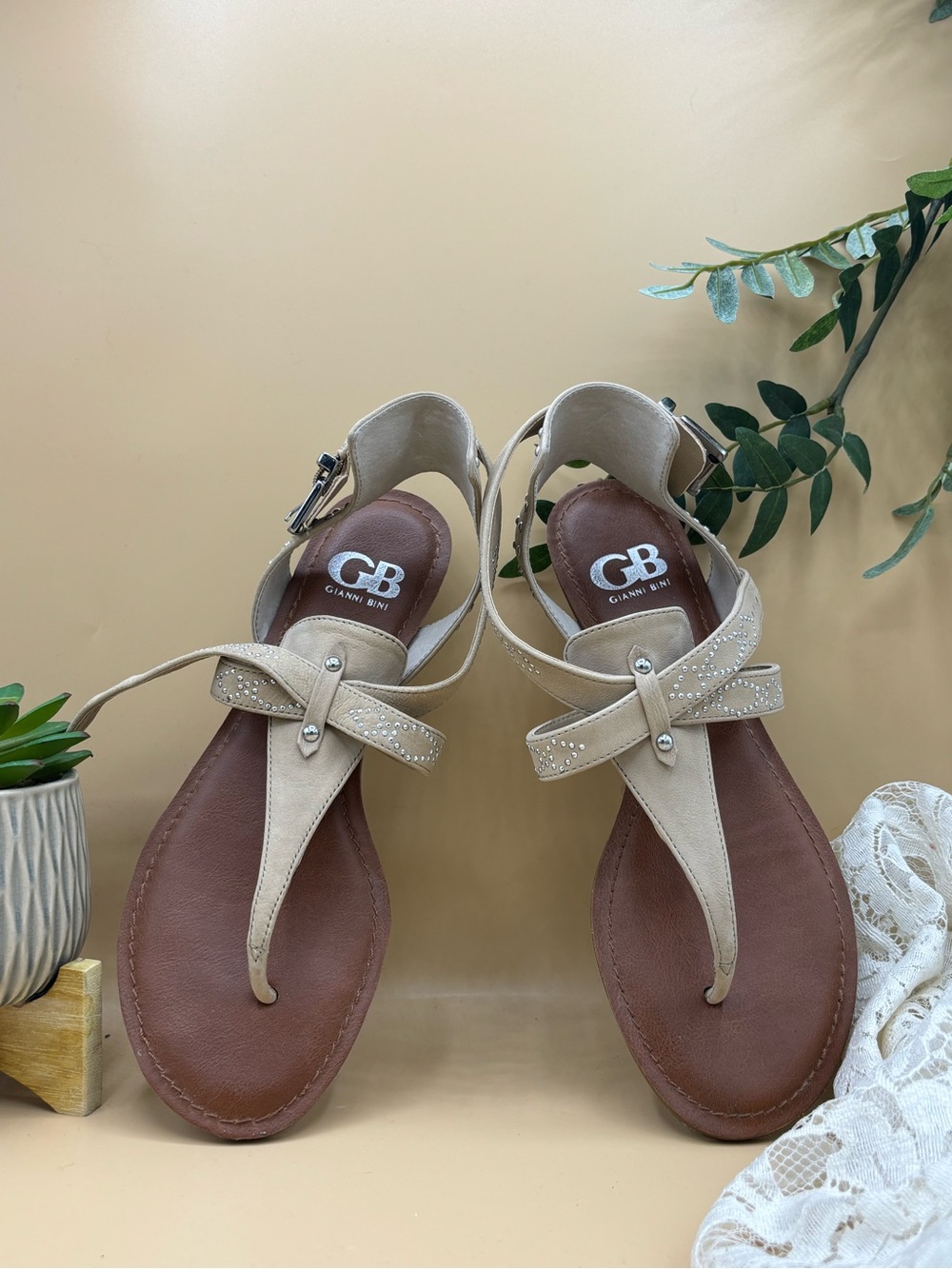 Gianni Bini Beige Bow Thong Sandals with Stud Detail